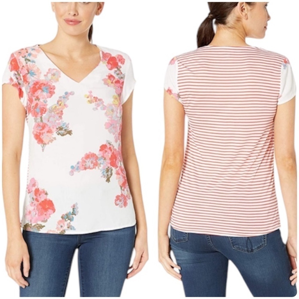 Joules Harriet Casual Floral Striped V-Neck Short Sleeve Top Size 6 White Pink